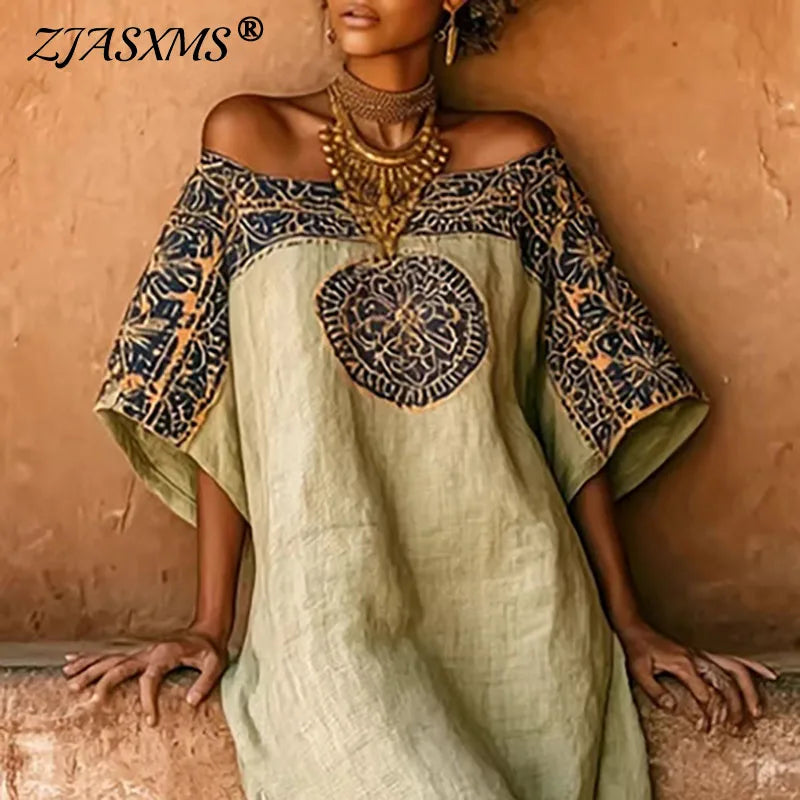 The Sahara Muse: Off-Shoulder Hand-Block Linen Gown