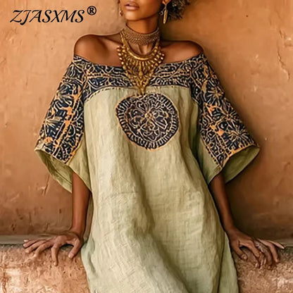 The Sahara Muse: Off-Shoulder Hand-Block Linen Gown
