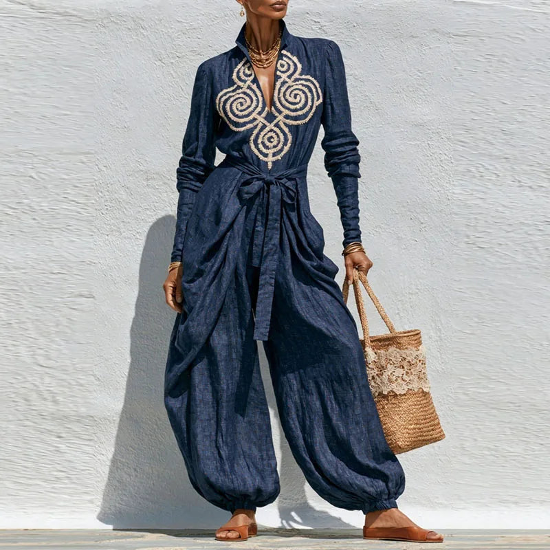 Boho Chic Embroidered Linen-Feel Polyester Jumpsuit – Multi-Wear Magic Statement Set