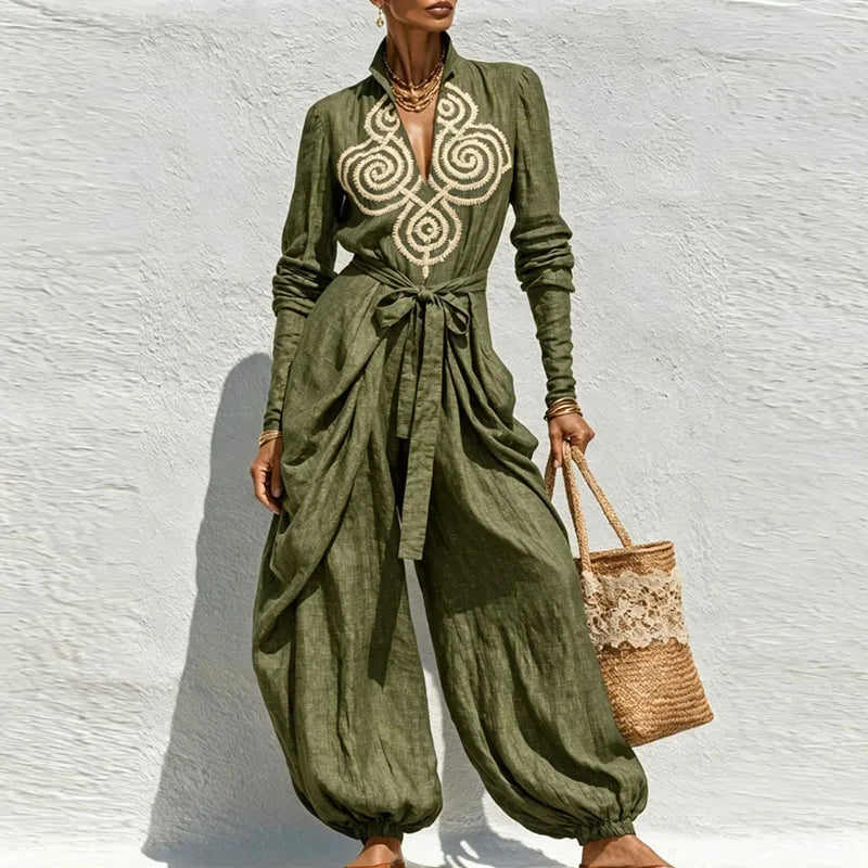 Boho Chic Embroidered Linen-Feel Polyester Jumpsuit – Multi-Wear Magic Statement Set