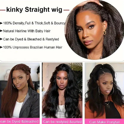 Kinky straight wig advertisement with model wearing the wig and text detailing wig features.
