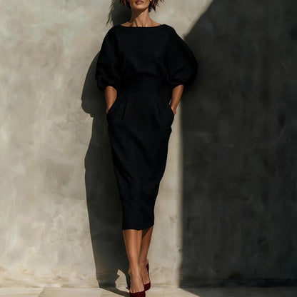 Elegant Puff Sleeve Midi Dress – High Waist African Inspired Dress