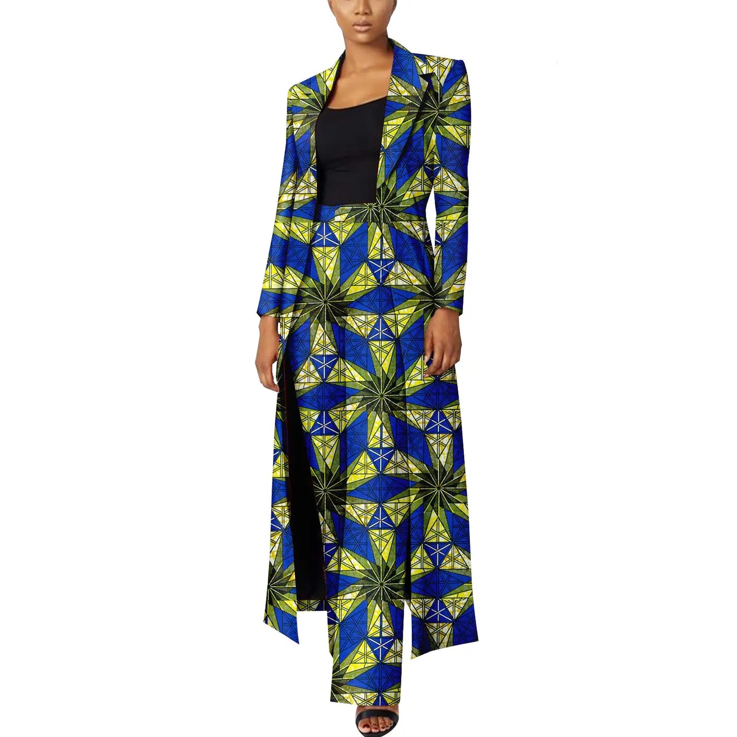 Elegant African Print Two-Piece Suit: Long Tailored Jacket &amp; Wide Leg Pants - Ankara