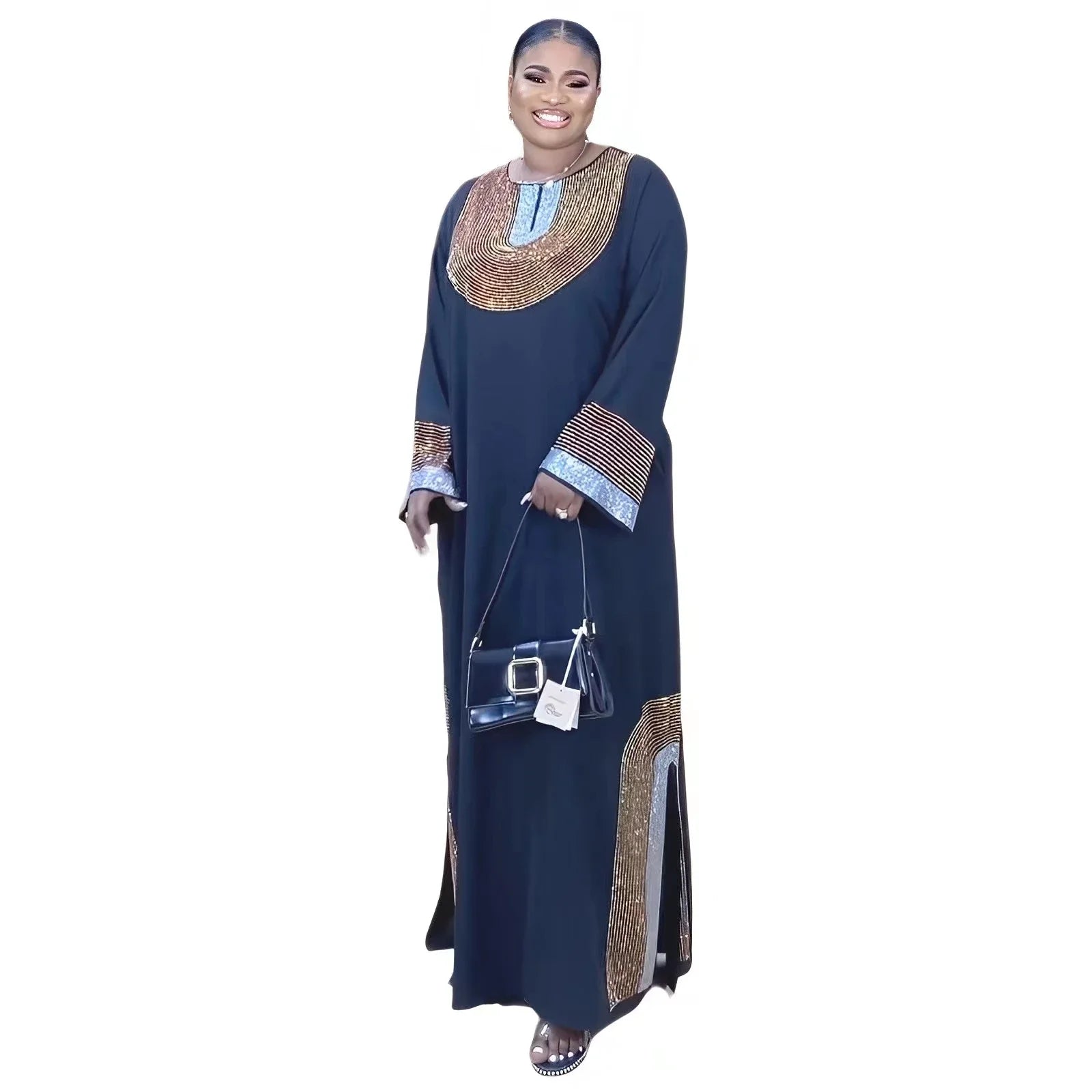 Elegant Navy Blue African Kaftan Maxi Dress For plus size Woman