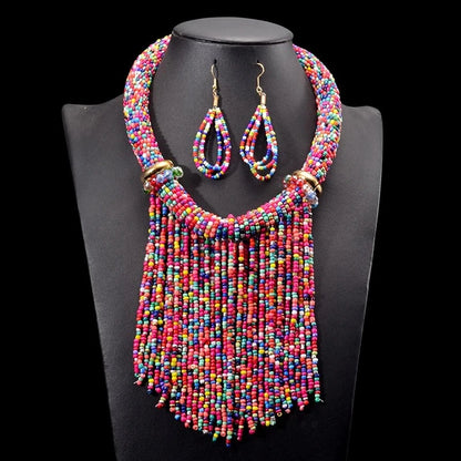 Colorful Beaded Statement Necklace and Earring Set 