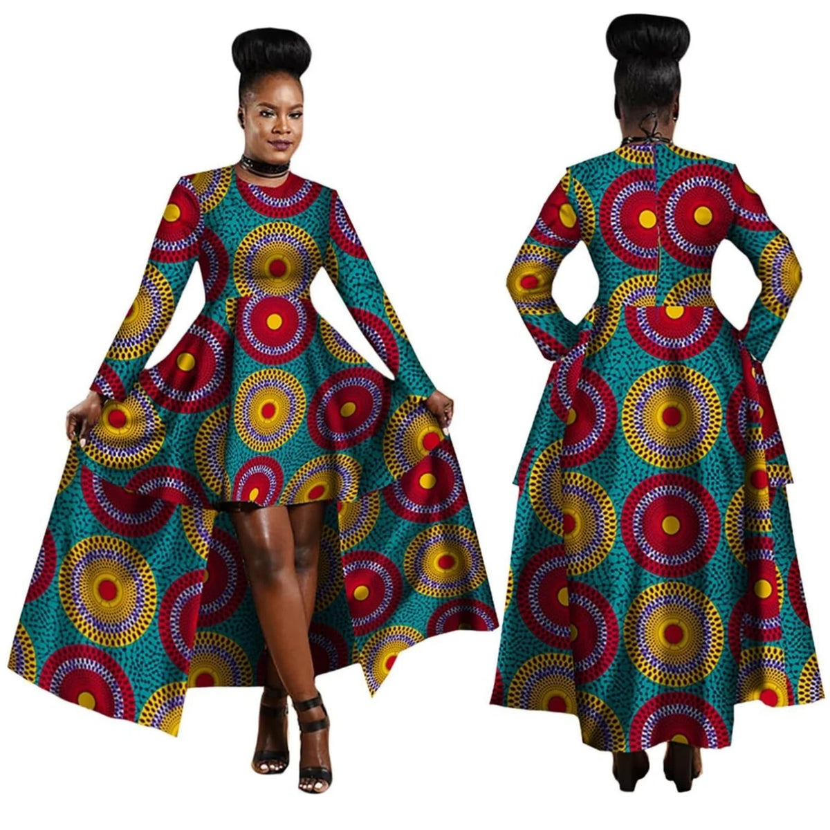 A woman modeling a long-sleeve high-low dress with a vibrant African wax print pattern, shown in both front and back views against a plain white background.