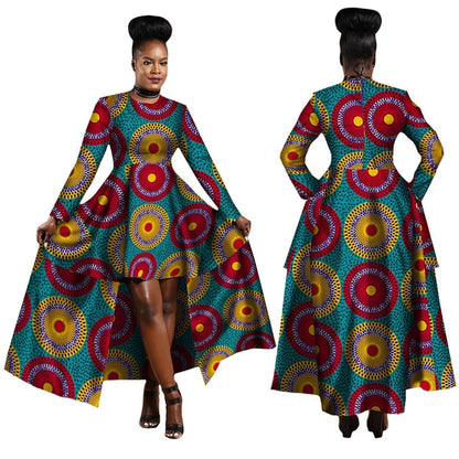 A woman modeling a long-sleeve high-low dress with a vibrant African wax print pattern, shown in both front and back views against a plain white background.