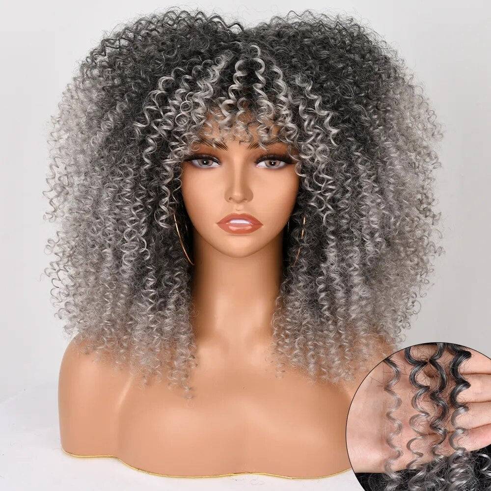 Afro Kinky Curly Wig With Bangs For Black Women 16&