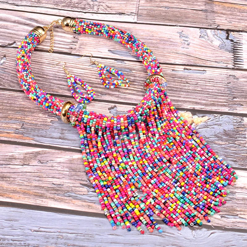 Colorful Beaded Statement Necklace and Earring Set 