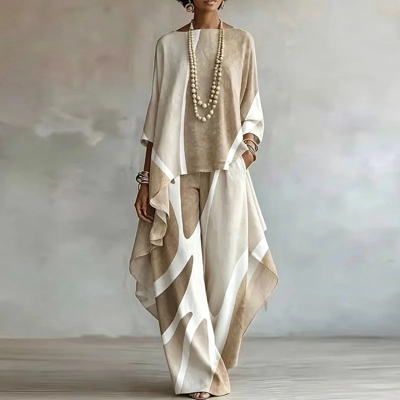 Women Abstract Print 2 Piece Matching Set Tank Top  Asymmetric Wide Leg Pants Suit Timeless Bohemian