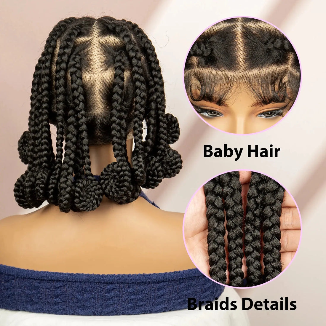 Back view of natural color box braids wig with baby hair. Detailed close-ups highlight the realistic braided texture and lace front design.