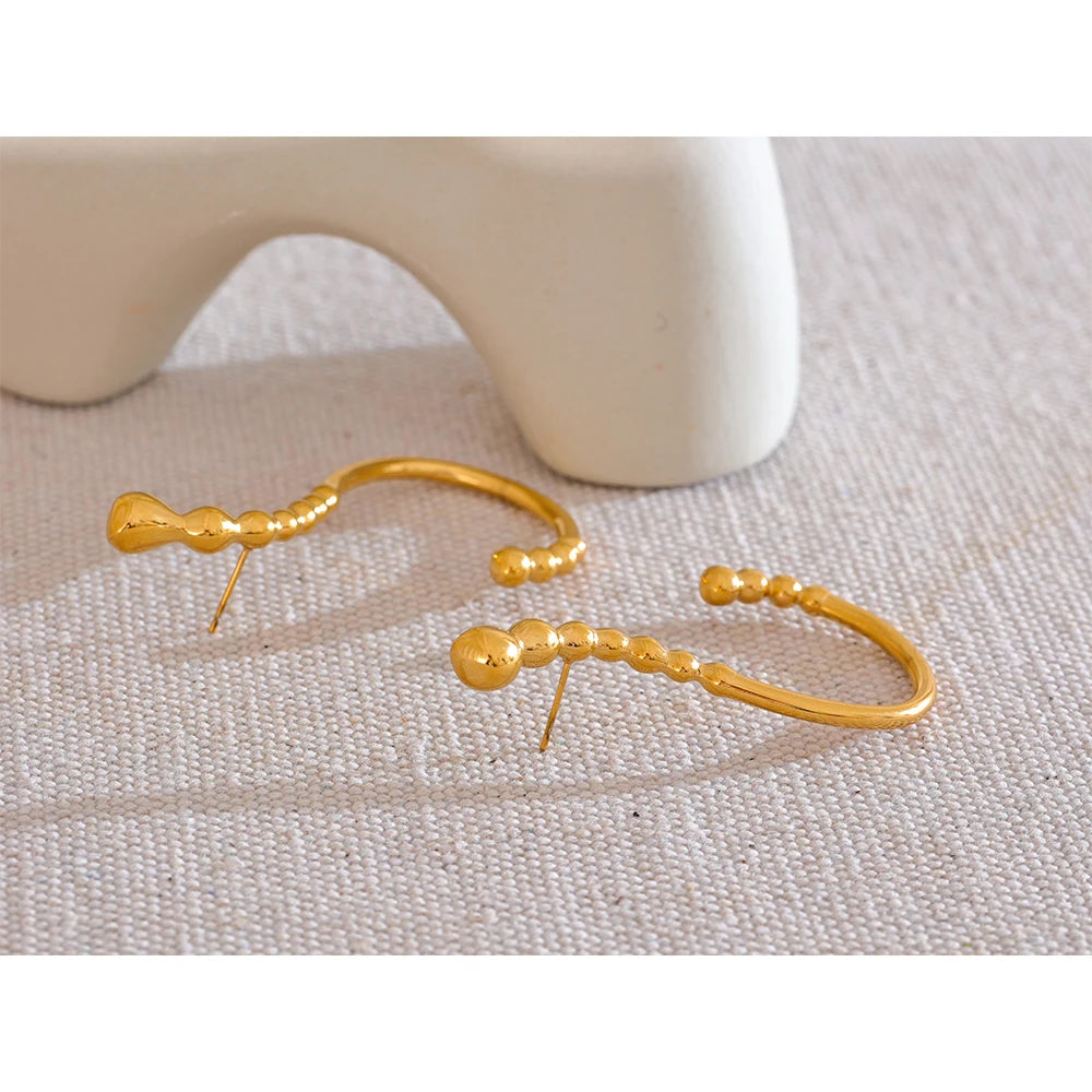 Stainless Steel Gold Beaded Hoop Earrings