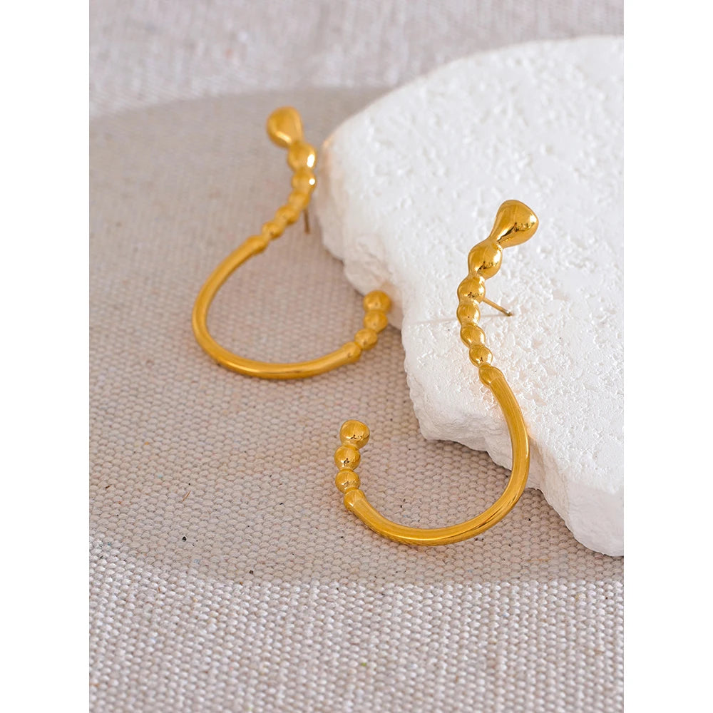 Stainless Steel Gold Beaded Hoop Earrings