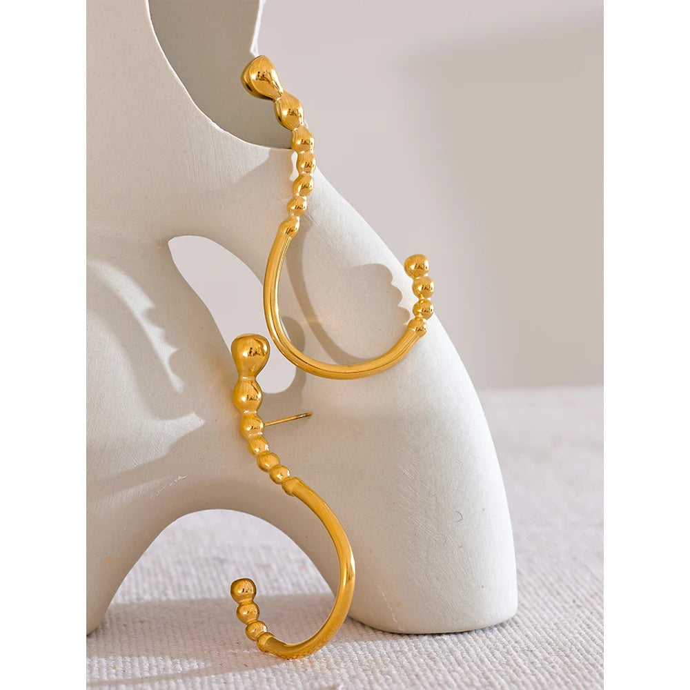 Stainless Steel Gold Beaded Hoop Earrings