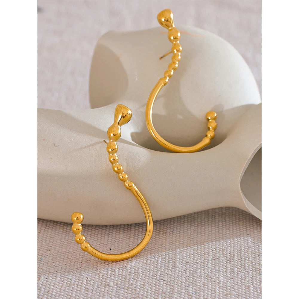 Stainless Steel Gold Beaded Hoop Earrings