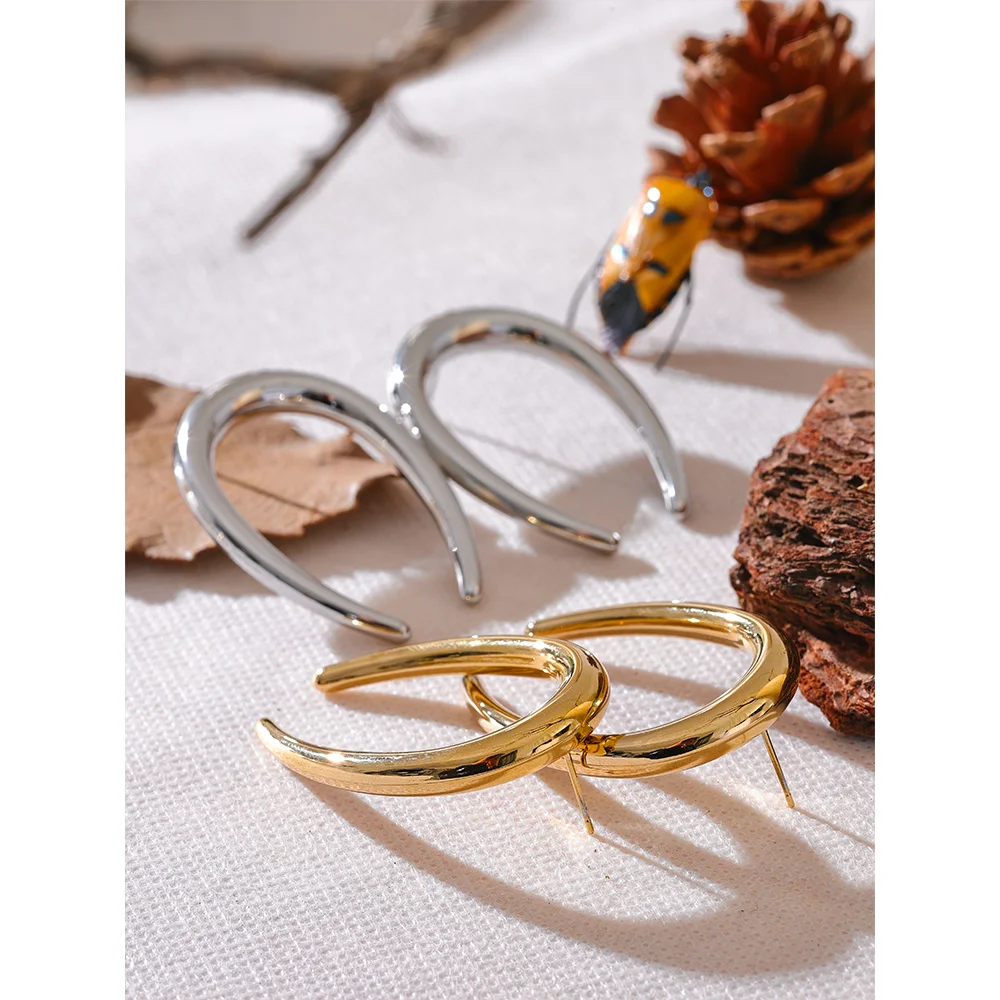 Stainless Steel Gold Crescent Hoop Earrings