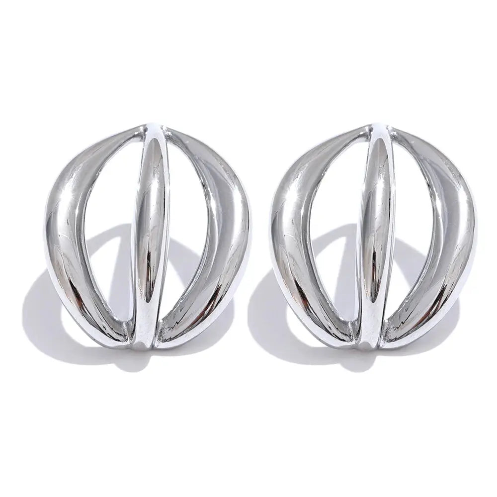 Silver stainless steel half-round geometric hollow stud earrings with a modern and vintage-inspired design. A stylish accessory for women.