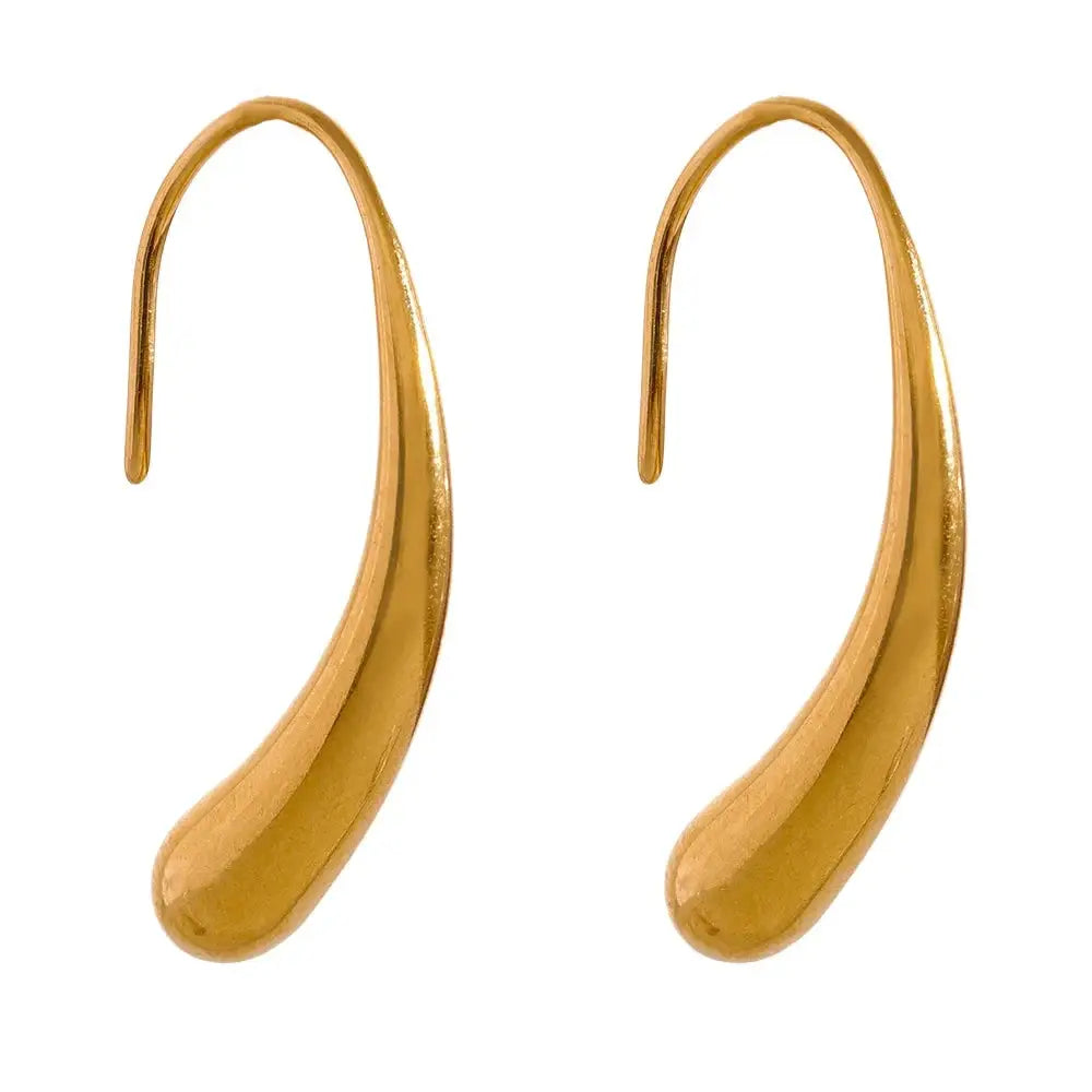 Gold-plated stainless steel minimalist stud earrings with a sleek, curved design. Elegant and modern jewelry piece for everyday wear.