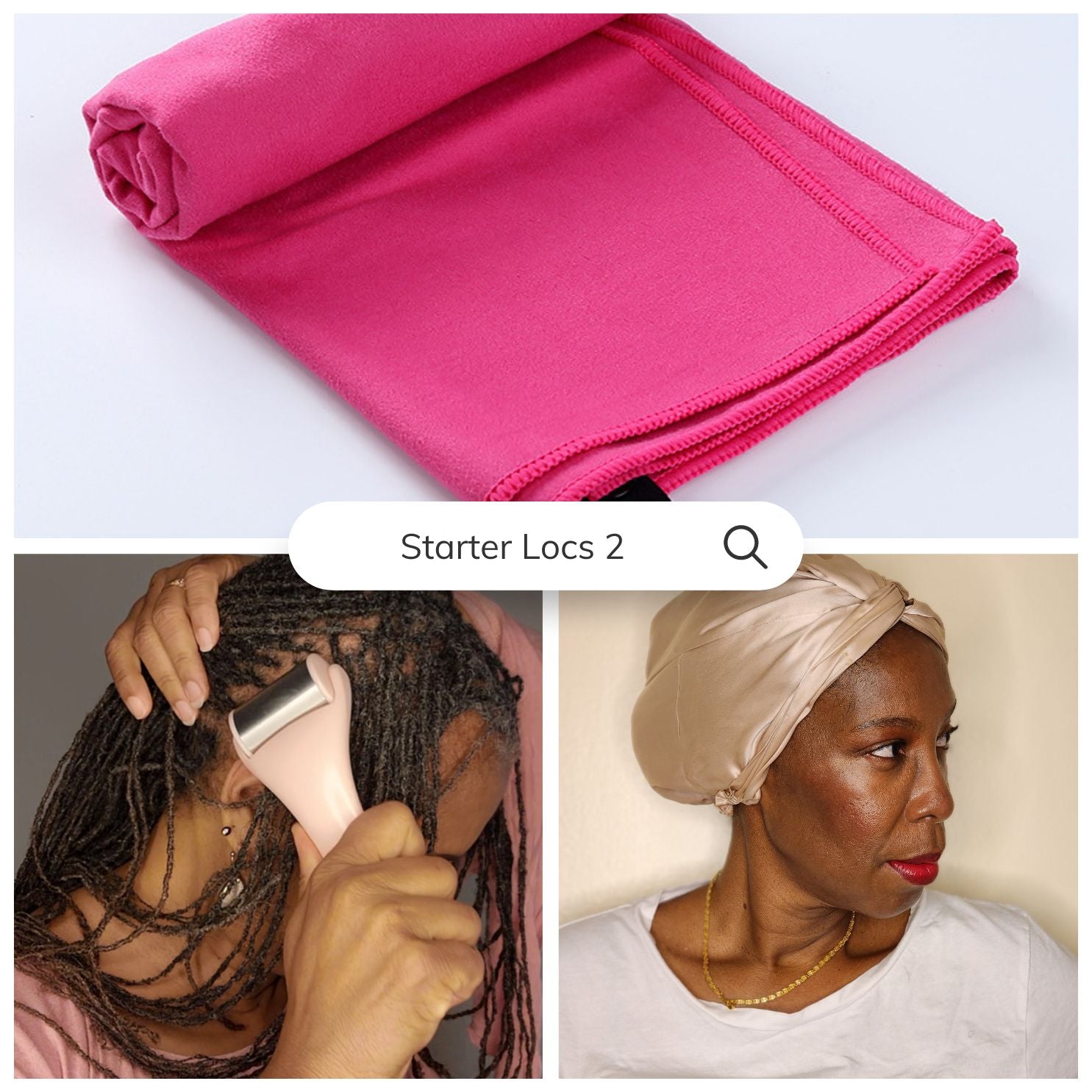 Starter Locs Package including a pink microfiber towel, silk bonnet, and scalp massager. Ideal for maintaining and styling locs.