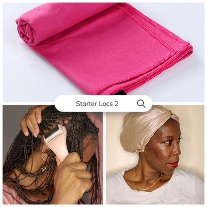 Starter Locs Package including a pink microfiber towel, silk bonnet, and scalp massager. Ideal for maintaining and styling locs.