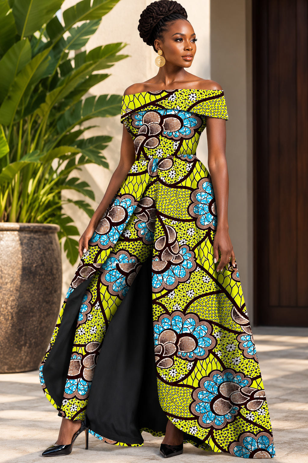 Stylish African Pantsuit for Women Yellow/Blue Floral