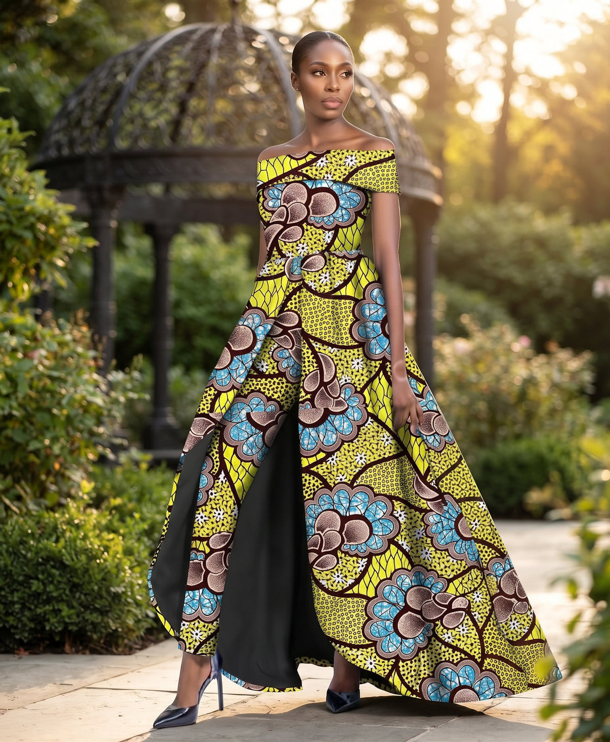 Stylish African Pantsuit for Women Yellow/Blue Floral