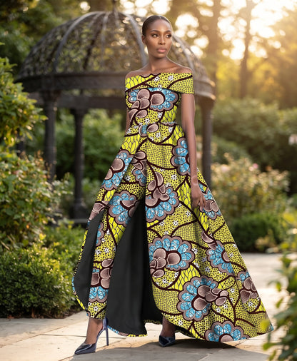 Stylish African Pantsuit for Women Yellow/Blue Floral