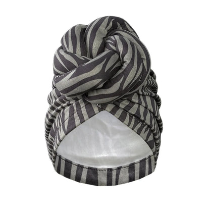 Black and gray striped patterned knot turban headwrap with a stylish twisted knot design. Soft and breathable fabric for comfort and style.