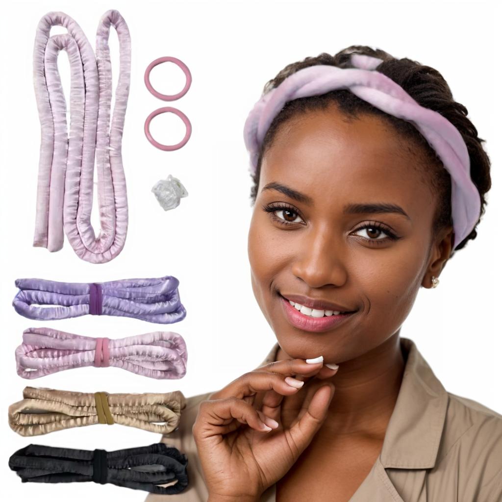 2-in-1 Heatless Curling Headband set with multiple colors, including pink, purple, beige, and black, designed for natural hair styling.