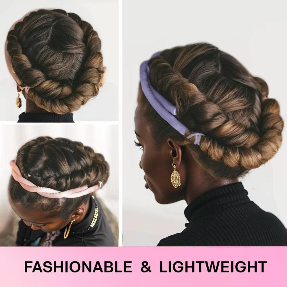 Model showcasing the 2-in-1 Heatless Curling Headband in a stylish updo. Lightweight and fashionable for effortless curls without heat damage.