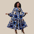 White Ankara Maxi Dress  With Blue Flowers and Details– Bell Sleeves & Zipper Detail