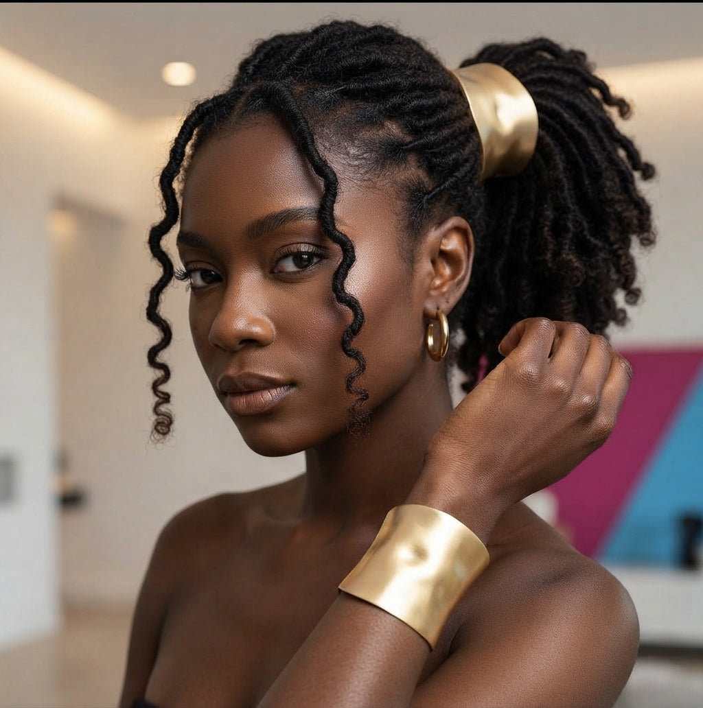 Woman with curly locs in a high ponytail wearing a wide brushed gold hair cuff, with her other wrist wearing a matching cuff, in a bright modern room.