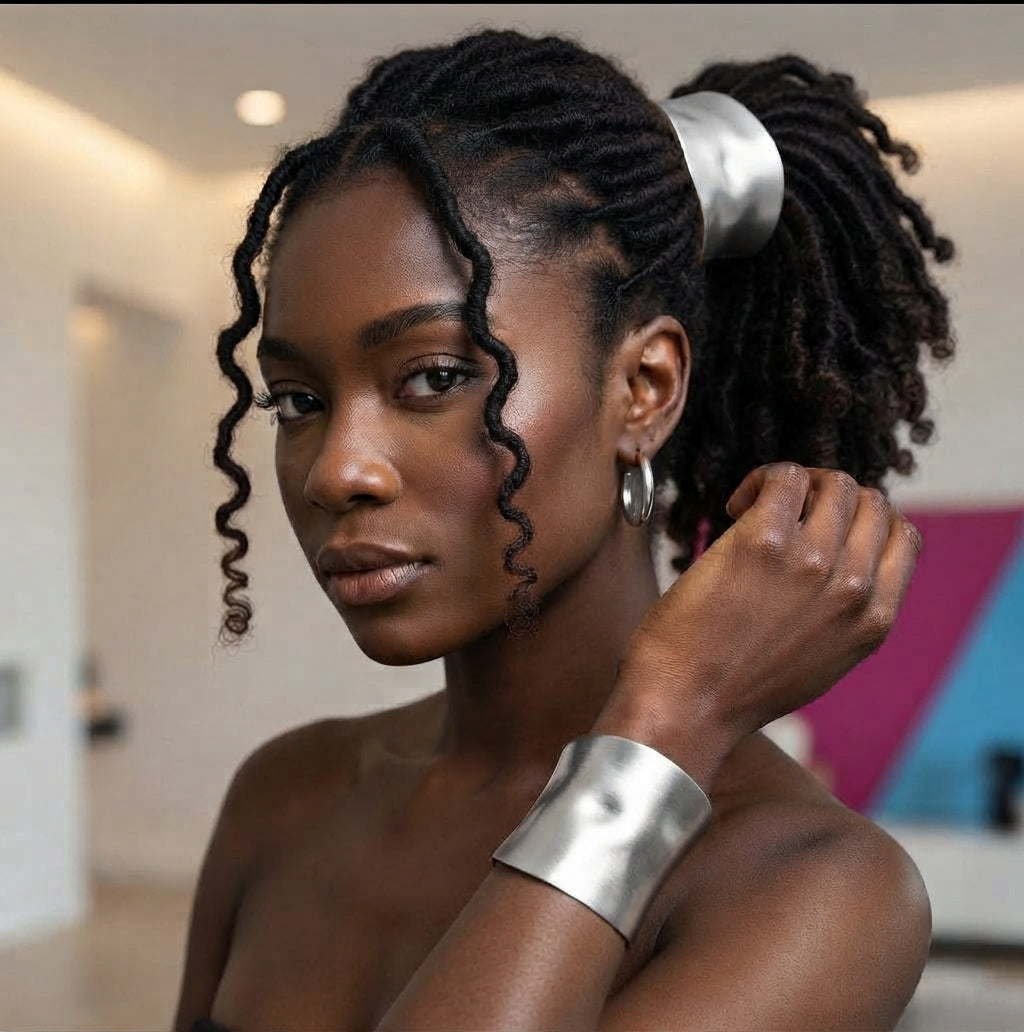 Woman with locs in a high ponytail wearing a wide brushed silver hair cuff and a matching cuff on her wrist.