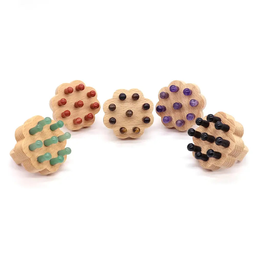 Set of five healing crystal scalp massagers in different gemstone variations. Designed for relaxation and improved scalp health.