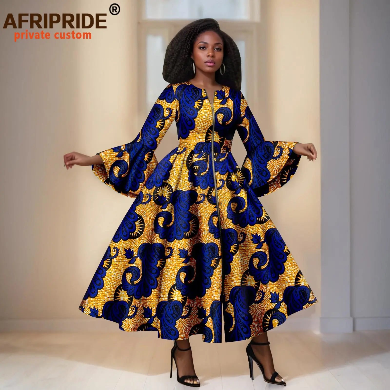 Yellow Ankara Maxi Dress With Blue Patterns &amp; Details – Bell Sleeves &amp; Zipper Detail
