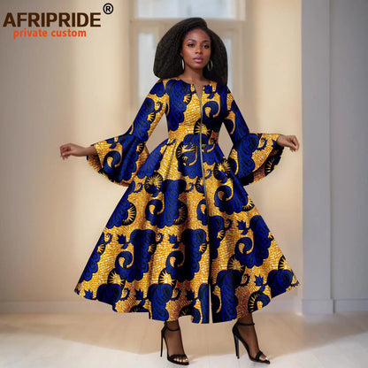 Yellow Ankara Maxi Dress With Blue Patterns &amp; Details – Bell Sleeves &amp; Zipper Detail