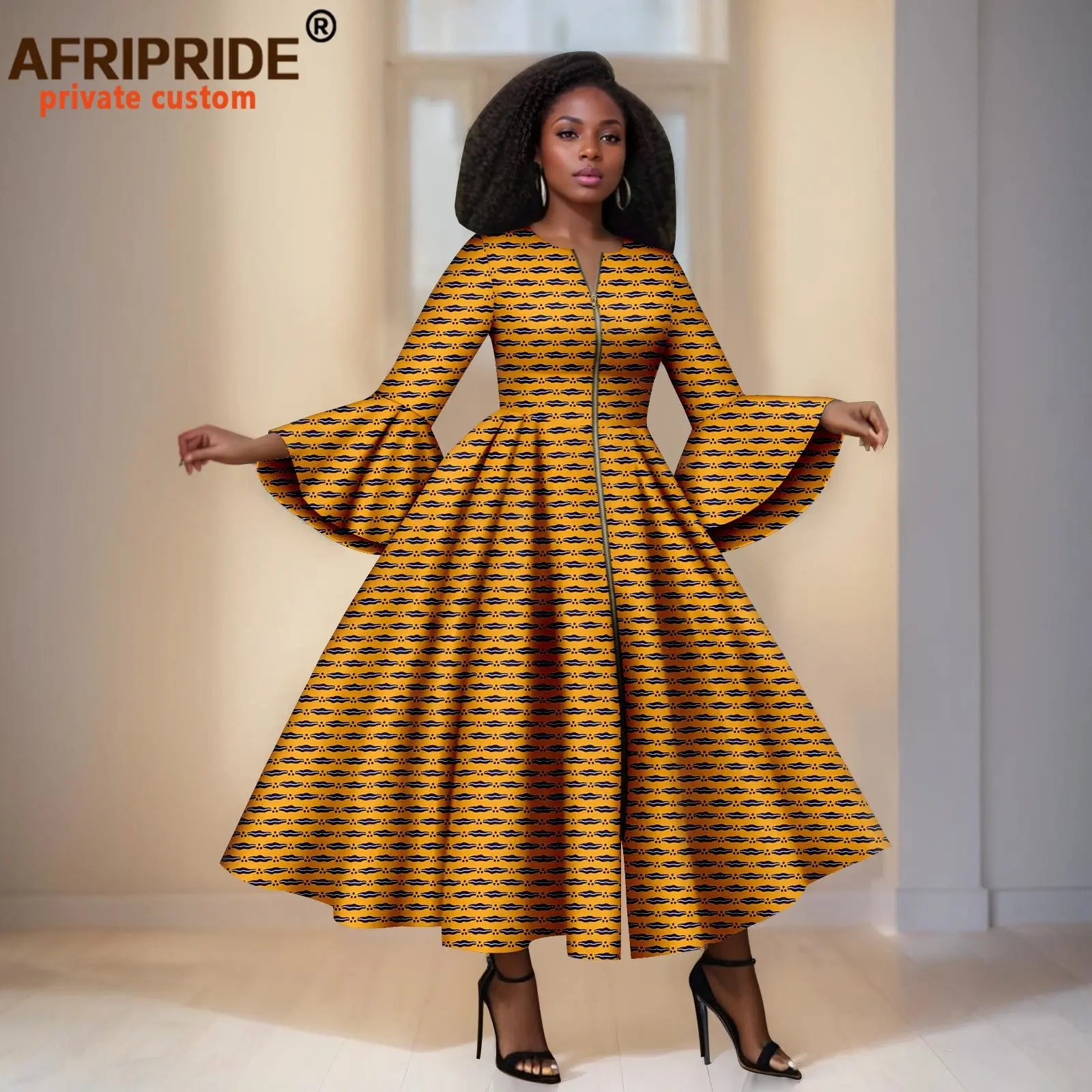 Yellow Ankara Maxi Dress With Details – Bell Sleeves &amp; Zipper Detail