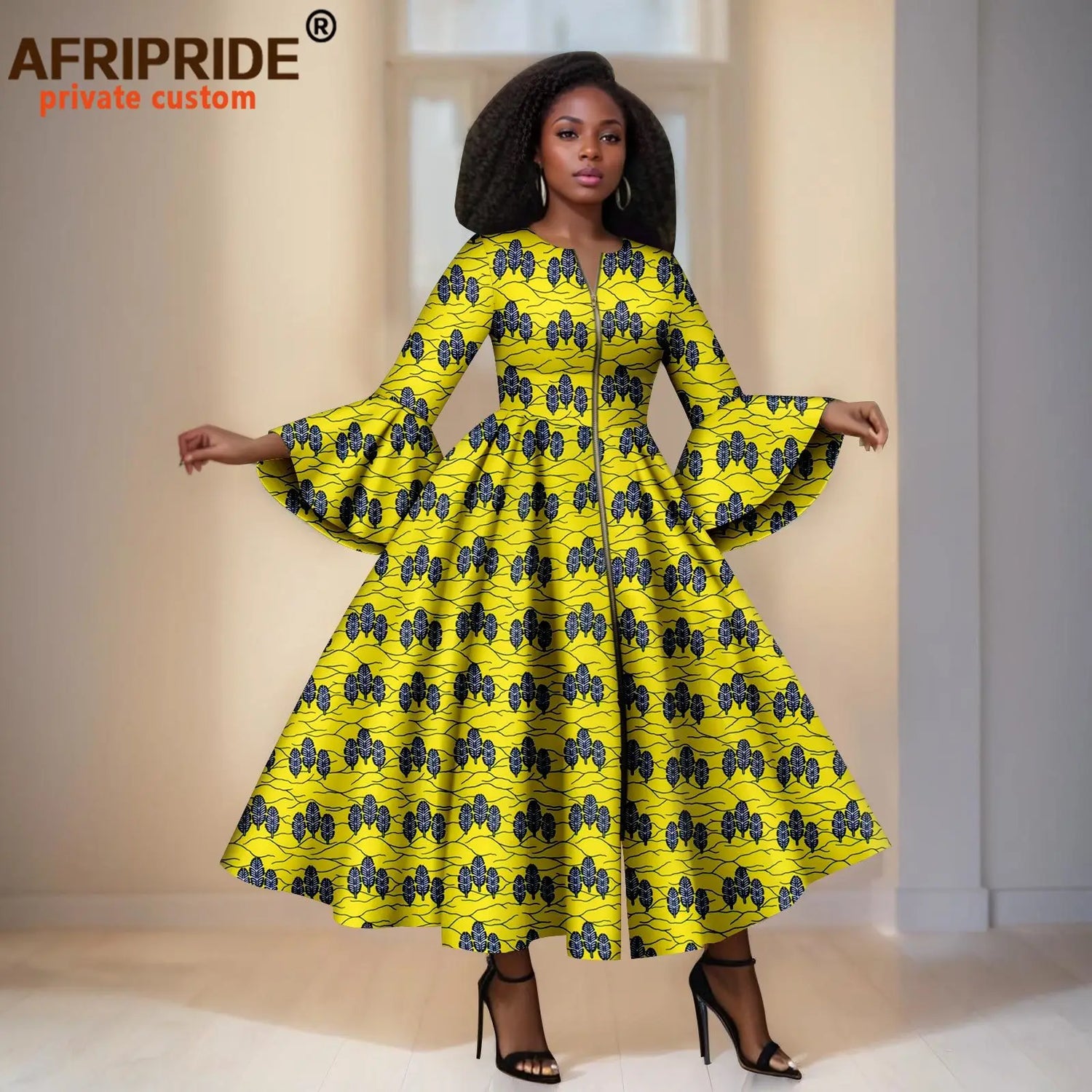 Yellow Ankara Maxi Dress With Purple Details – Bell Sleeves &amp; Zipper Detail