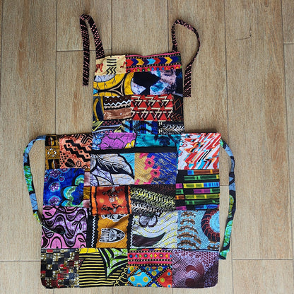 Colorful patchwork apron on a wooden floor