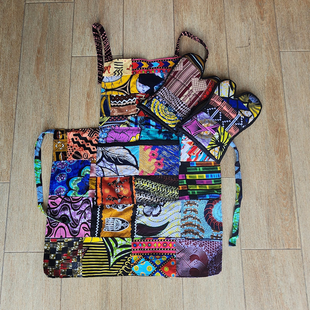 Colorful quilted oven mitts and Apron African fabric