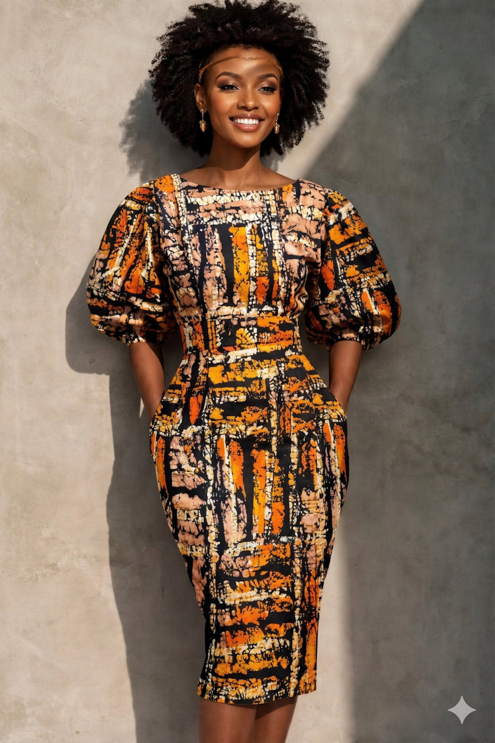 African Midi Dress with pockets and sleeves orange pattern
