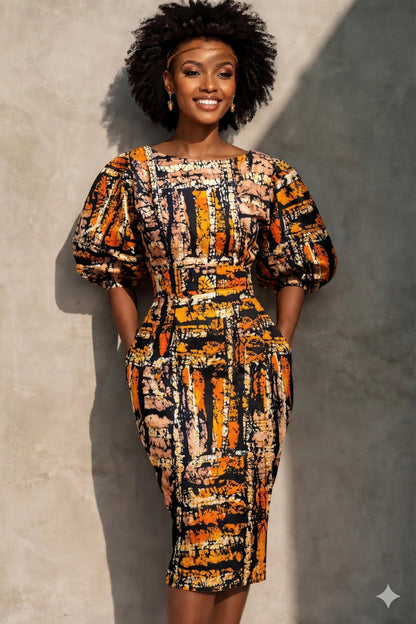 African Midi Dress with pockets and sleeves orange pattern