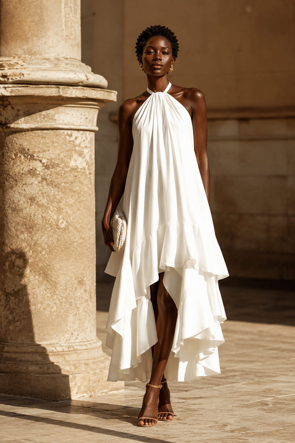 The Riviera High-Low Halter Maxi Dress – White
