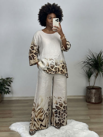 Stylish Two-Piece Lounge Set with Animal Print Accents
