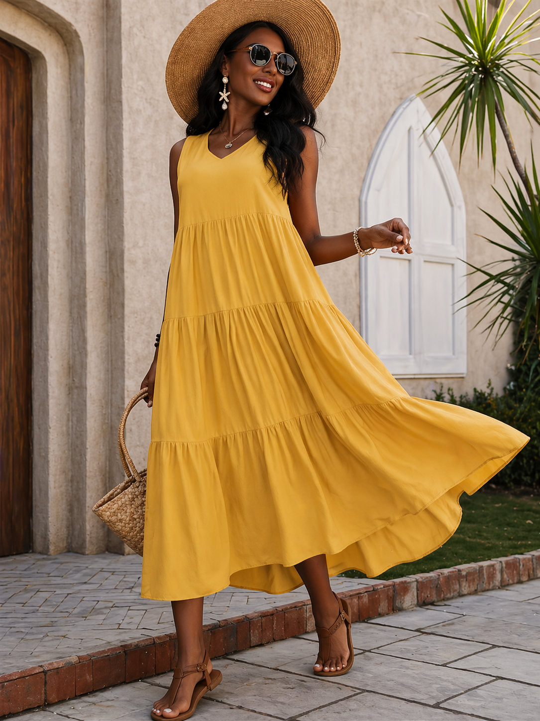 Women’s Summer V-Neck Tiered Maxi Dress - Sleeveless Boho Sundress in 5 Colors