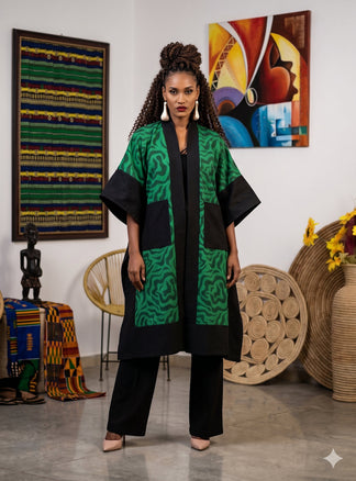 African Kimono Cardigan Black Green Wax Print | Oversized Cape ...