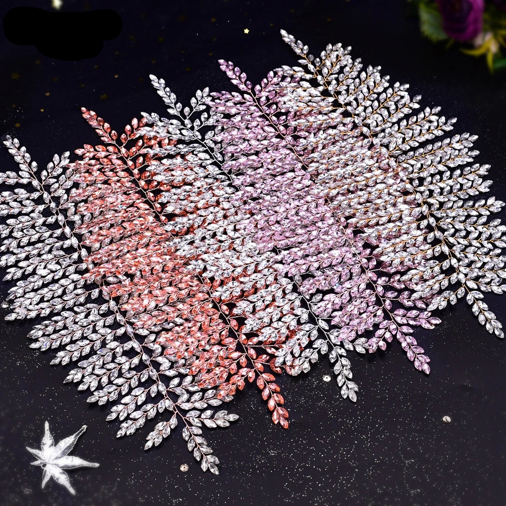 Leaf-style bridal tiara shown in silver, pink, and rose gold variations.