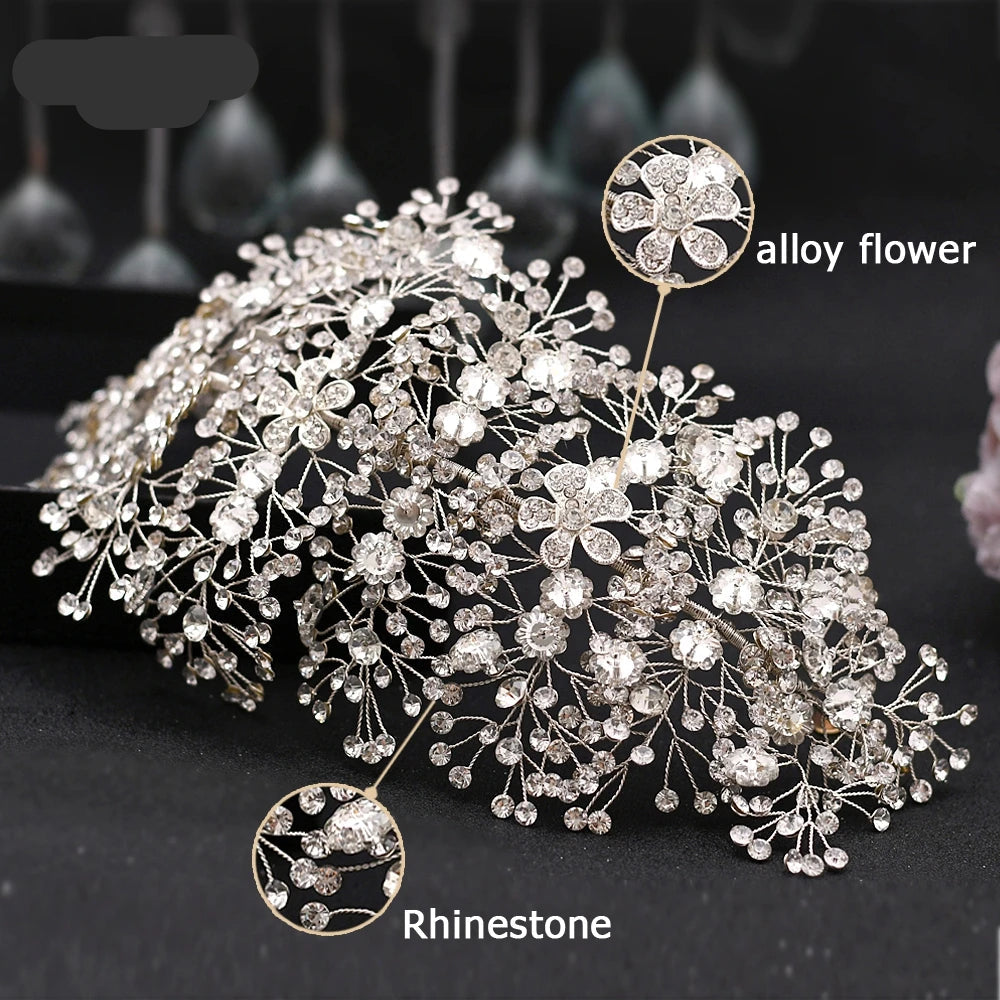 Back view of silver rhinestone bridal vine headpiece showing wire structure and floral arrangement