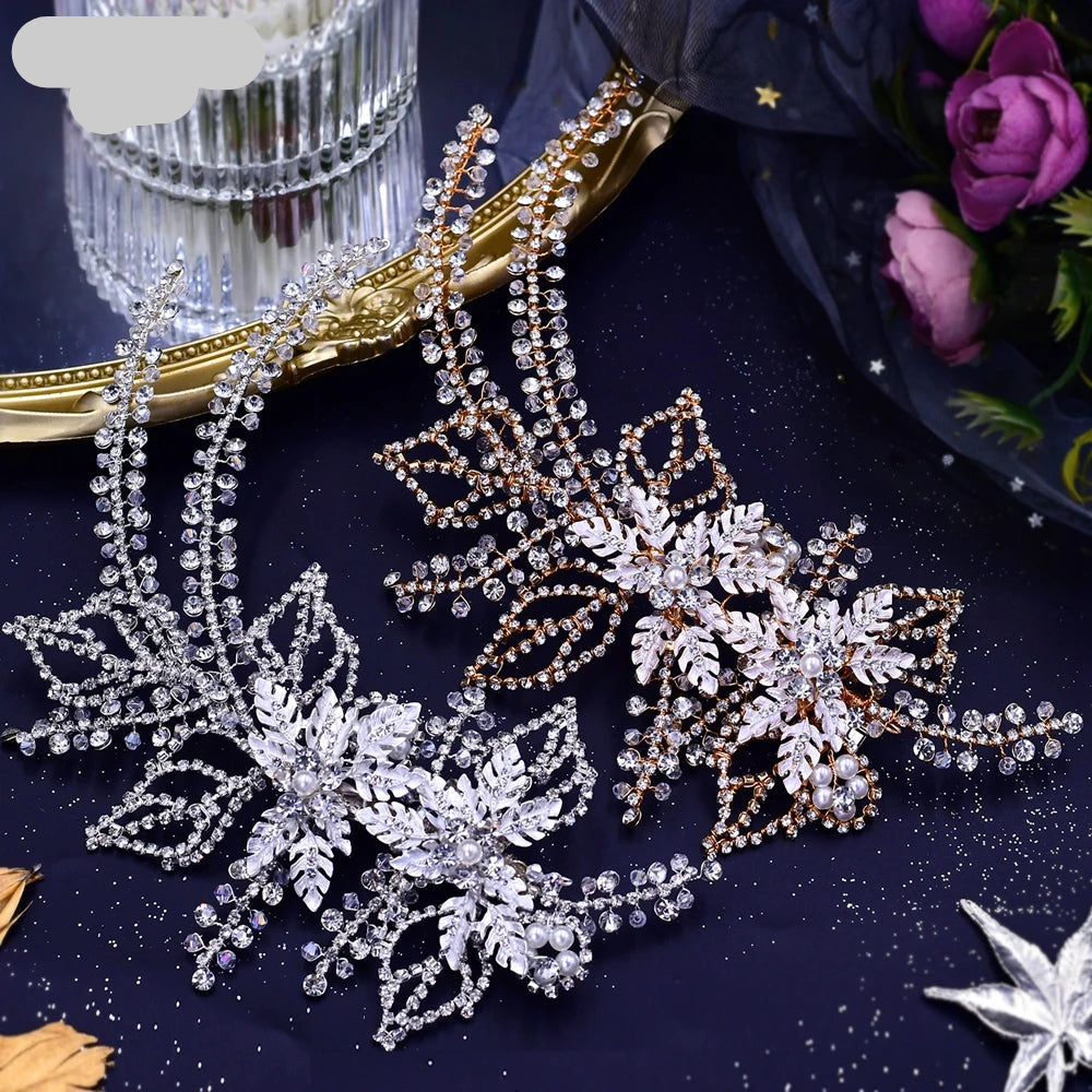 Set of gold and silver floral bridal headpieces with rhinestone leaves displayed side by side