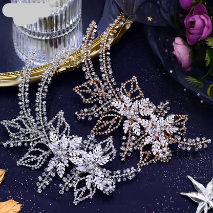 Set of gold and silver floral bridal headpieces with rhinestone leaves displayed side by side